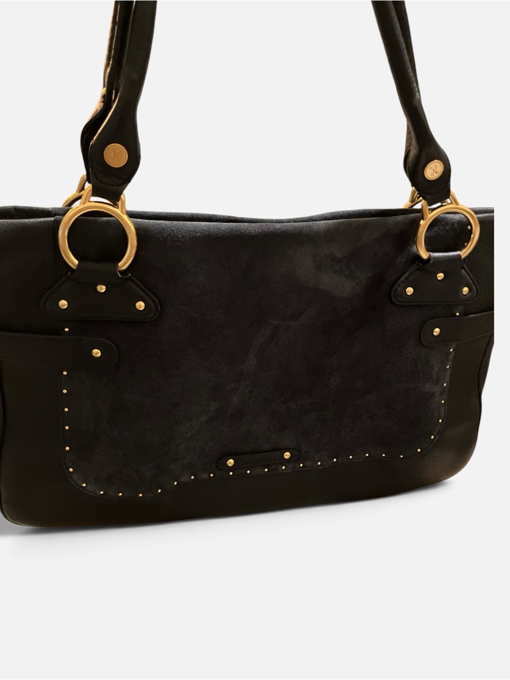 Cole Haan Classic Black Suede and Leather Shoulder Bag with Gold Hardware - Picture 2 of 8